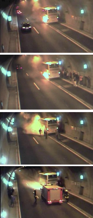 Figure 1 : Série de photos montrant un incendie de bus dans un tunnel bidirectionnel : le bus en feu s'arrête dans une aire de stationnement et les passagers évacuent vers la sortie de secours située en face de l'incendie